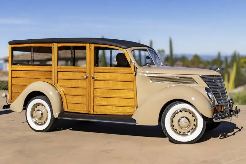 Tan and timber-bodied 1937 Ford station wagon, full exterior from the private seller gallery